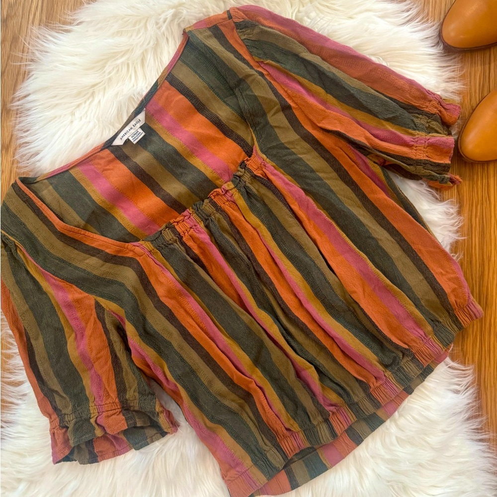 American Eagle | Square Neckline Cropped Top | Pink. Orange, Green | Size M